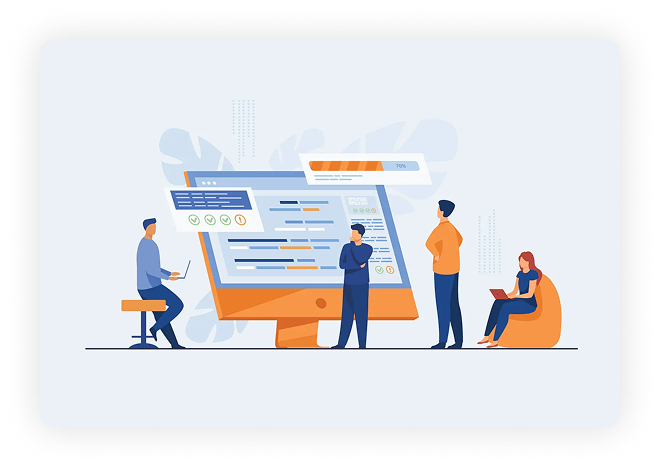 Illustration of 4 people gathered around a computer monitor looking at software features